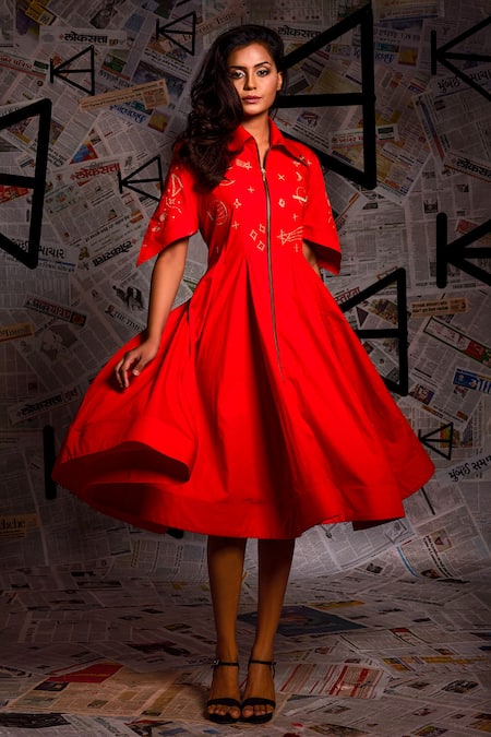 Shop_Echke_Orange Cotton Embroidery Collared Threadwork Star Pattern Dress _Online_at_Aza_Fashions