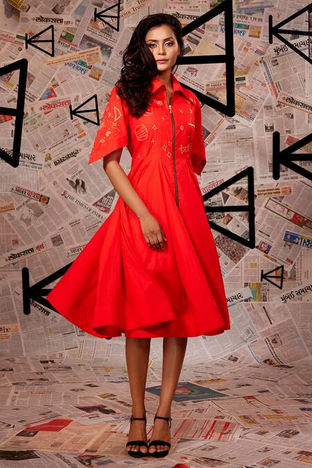 Echke_Orange Cotton Embroidery Collared Threadwork Star Pattern Dress _at_Aza_Fashions