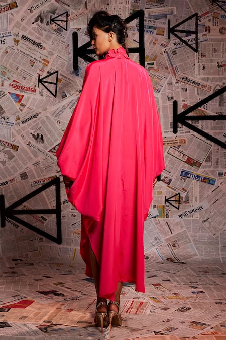 Shop_Echke_Pink Cotton Embroidery Collared Applique Placement Dress _at_Aza_Fashions