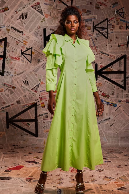 Echke Green 100% Cotton Plain Stand Collar Ruffle Dress
