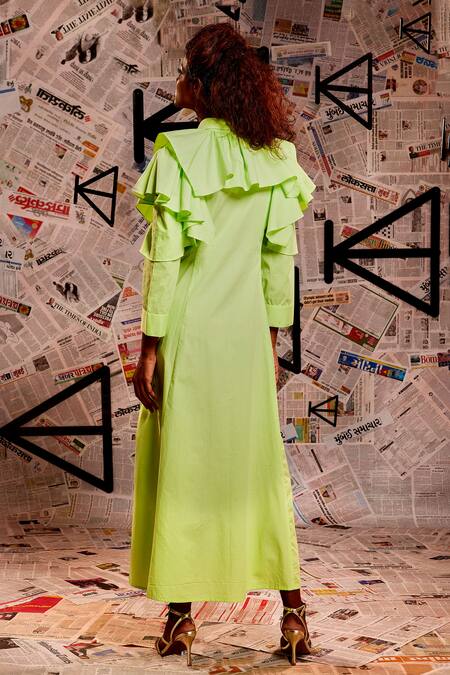 Shop_Echke_Green 100% Cotton Plain Stand Collar Ruffle Dress _at_Aza_Fashions