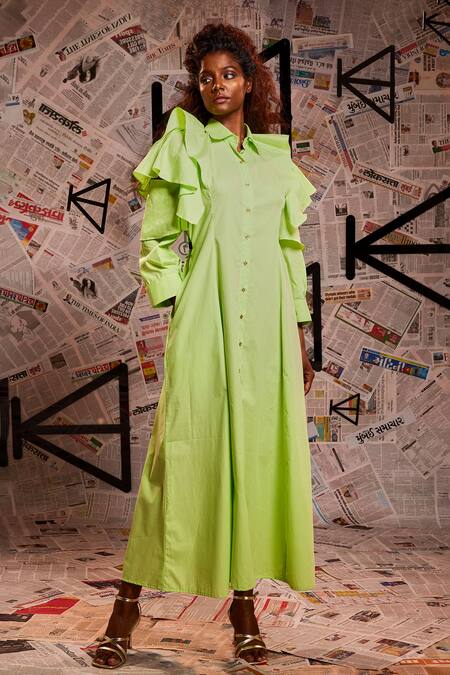 Echke_Green 100% Cotton Plain Stand Collar Ruffle Dress _Online_at_Aza_Fashions