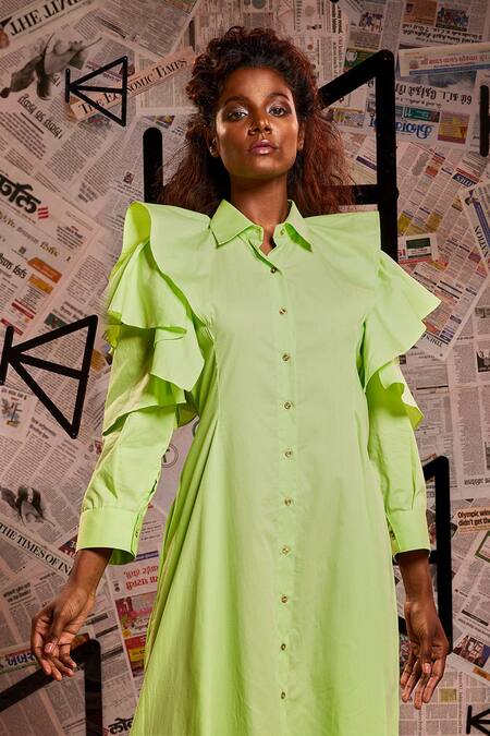 Buy_Echke_Green 100% Cotton Plain Stand Collar Ruffle Dress _Online_at_Aza_Fashions