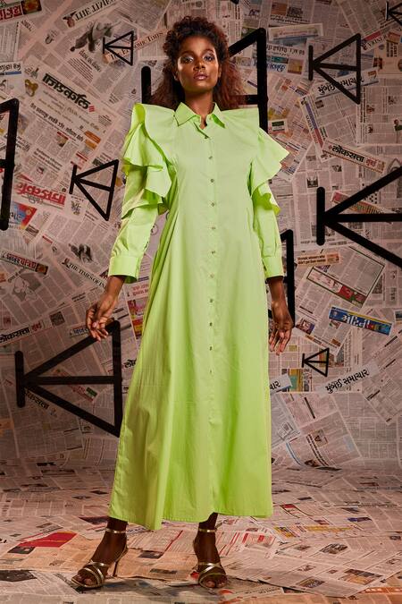 Shop_Echke_Green 100% Cotton Plain Stand Collar Ruffle Dress _Online_at_Aza_Fashions