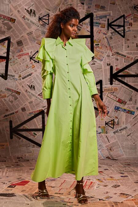 Echke_Green 100% Cotton Plain Stand Collar Ruffle Dress _at_Aza_Fashions