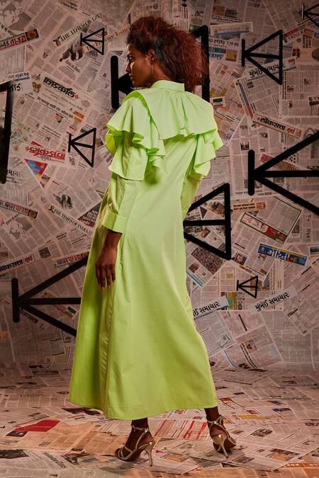 Buy_Echke_Green 100% Cotton Plain Stand Collar Ruffle Dress 