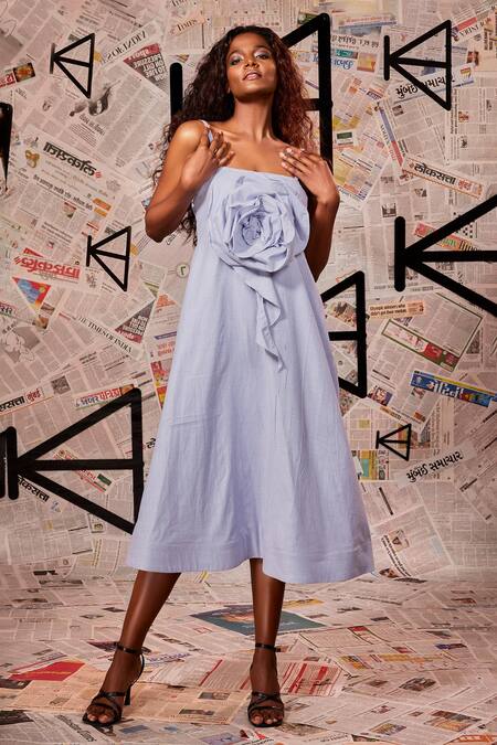 Echke White Cotton Embroidery Square Neck Floral Applique Dress Online at Aza Fashions Echke_White Cotton Embroidery Square Neck Floral Applique Dress _Online_at_Aza_Fashions