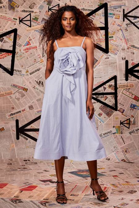 Echke White Cotton Embroidery Square Neck Floral Applique Dress at Aza Fashions Echke_White Cotton Embroidery Square Neck Floral Applique Dress _at_Aza_Fashions