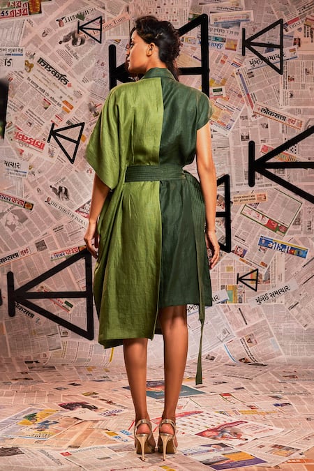 Shop_Echke_Green Linen Collared Colour Block Asymmetric Dress _at_Aza_Fashions