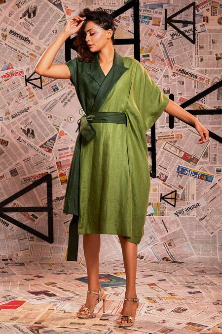 Echke_Green Linen Collared Colour Block Asymmetric Dress _Online_at_Aza_Fashions