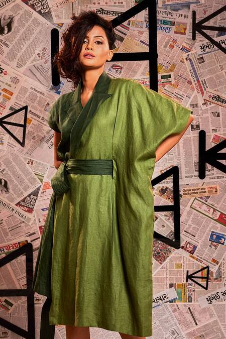 Buy_Echke_Green Linen Collared Colour Block Asymmetric Dress _Online_at_Aza_Fashions