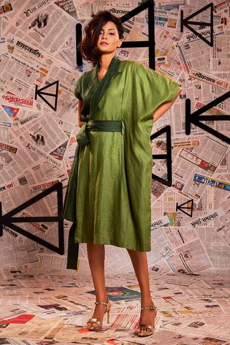 Shop_Echke_Green Linen Collared Colour Block Asymmetric Dress _Online_at_Aza_Fashions