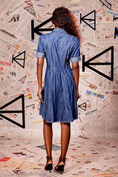 Shop Echke Blue Cotton, Denim Collared Panelled Dress at Aza Fashions Shop_Echke_Blue Cotton, Denim Collared Panelled Dress _at_Aza_Fashions