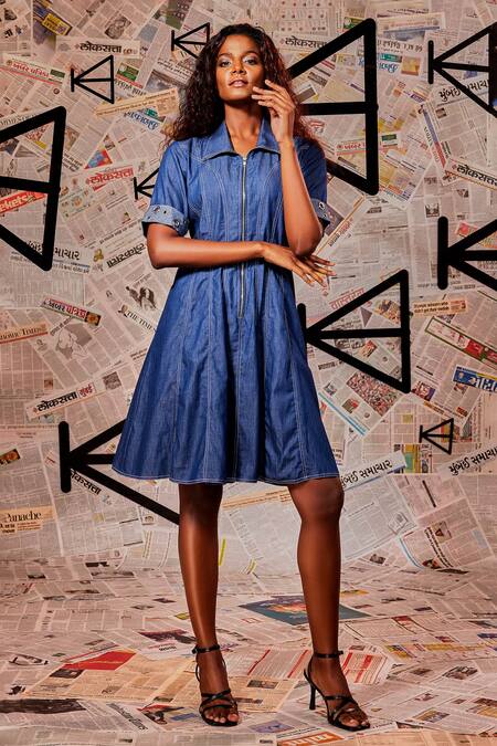 Echke Blue Cotton, Denim Collared Panelled Dress Online at Aza Fashions Echke_Blue Cotton, Denim Collared Panelled Dress _Online_at_Aza_Fashions