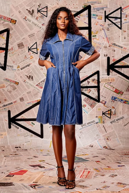 Echke Blue Cotton, Denim Collared Panelled Dress at Aza Fashions Echke_Blue Cotton, Denim Collared Panelled Dress _at_Aza_Fashions