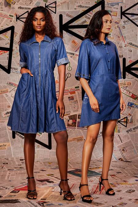 Buy Echke Blue Cotton, Denim Collared Panelled Dress Buy_Echke_Blue Cotton, Denim Collared Panelled Dress