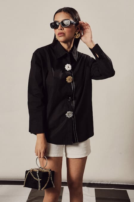 Tasuvure Black Mix Cotton Embellishments Stones Collar Beatrix Bejewelled Button Shirt 