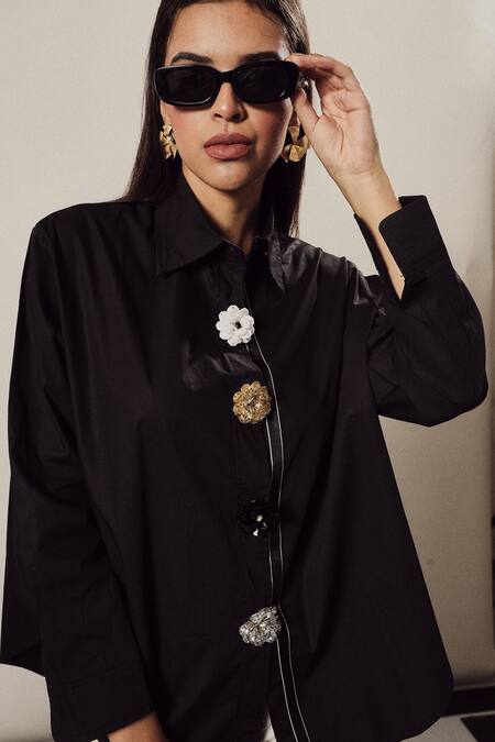 Tasuvure_Black Cotton Stones Collared Beatrix Bejewelled Button Embellished Shirt _Online_at_Aza_Fashions