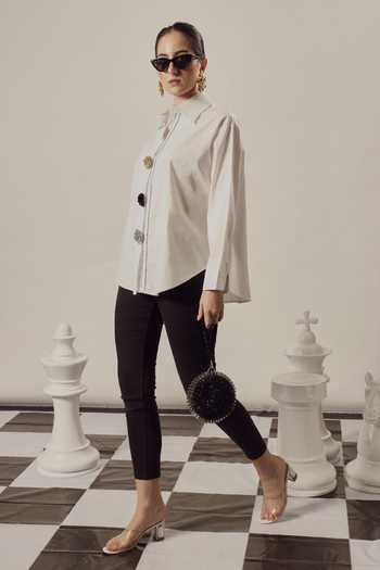 Shop Tasuvure White Cotton Stones Collared Beatrix Bejewelled Button Embellished Shirt at Aza Fashions Shop_Tasuvure_White Cotton Stones Collared Beatrix Bejewelled Button Embellished Shirt_at_Aza_Fashions