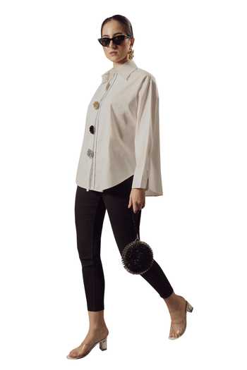 Tasuvure White Cotton Stones Collared Beatrix Bejewelled Button Embellished Shirt Online at Aza Fashions Tasuvure_White Cotton Stones Collared Beatrix Bejewelled Button Embellished Shirt_Online_at_Aza_Fashions