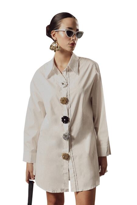 Tasuvure_White Cotton Stones Collared Beatrix Bejewelled Button Embellished Shirt Dress_Online_at_Aza_Fashions