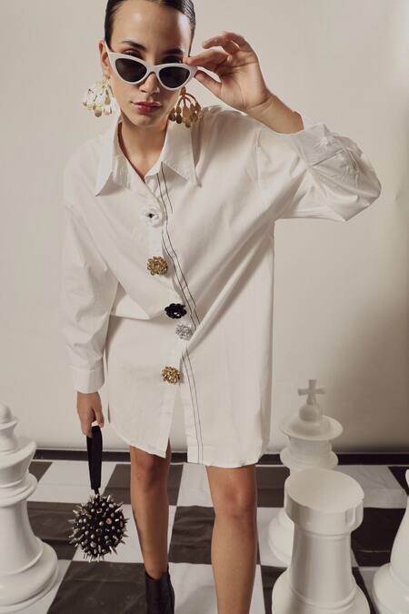 Buy_Tasuvure_White Cotton Stones Collared Beatrix Bejewelled Button Embellished Shirt Dress_Online_at_Aza_Fashions
