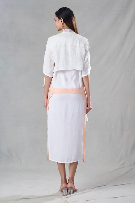 Shop Bhusattva Off White Organic Silk Embroidery Bead Shrug Open Floral Border With Dress at Aza Fashions Shop_Bhusattva_Off White Organic Silk Embroidery Bead Shrug Open Floral Border With Dress _at_Aza_Fashions