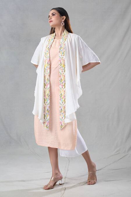 Bhusattva Off White Organic Silk Embroidery Bead Shrug Open Floral Border With Dress Online at Aza Fashions Bhusattva_Off White Organic Silk Embroidery Bead Shrug Open Floral Border With Dress _Online_at_Aza_Fashions