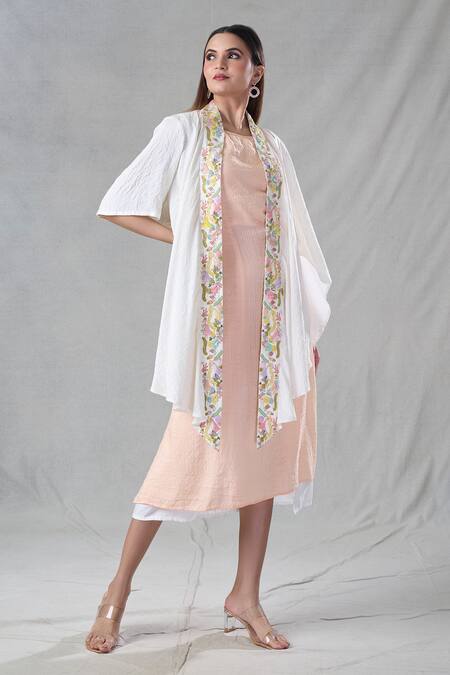 Buy Bhusattva Off White Organic Silk Embroidery Bead Shrug Open Floral Border With Dress Online at Aza Fashions Buy_Bhusattva_Off White Organic Silk Embroidery Bead Shrug Open Floral Border With Dress _Online_at_Aza_Fashions