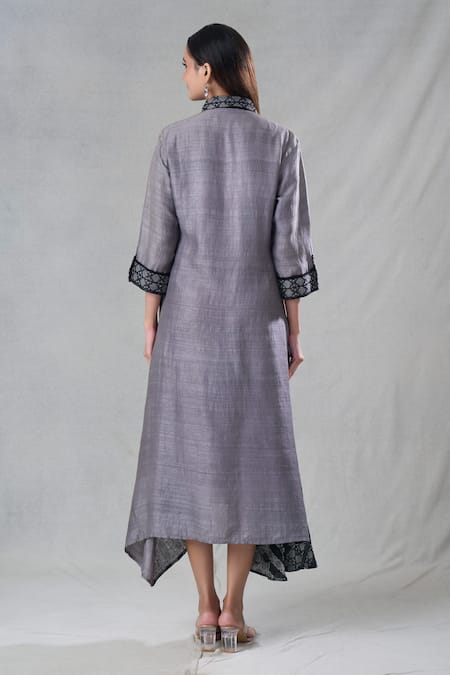 Shop Bhusattva Grey Organic Silk Woven Ikat Collar Kurta at Aza Fashions Shop_Bhusattva_Grey Organic Silk Woven Ikat Collar Kurta _at_Aza_Fashions