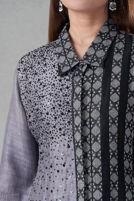 Shop Bhusattva Grey Organic Silk Woven Ikat Collar Kurta Online at Aza Fashions Shop_Bhusattva_Grey Organic Silk Woven Ikat Collar Kurta _Online_at_Aza_Fashions