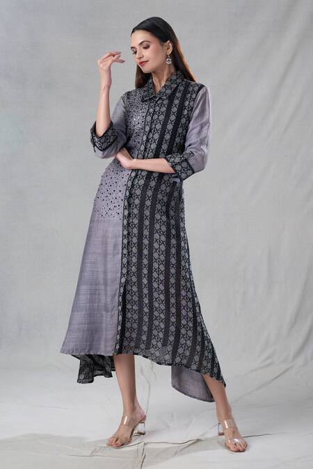 Bhusattva Grey Organic Silk Woven Ikat Collar Kurta at Aza Fashions Bhusattva_Grey Organic Silk Woven Ikat Collar Kurta _at_Aza_Fashions