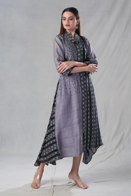 Buy Bhusattva Grey Organic Silk Woven Ikat Collar Kurta Buy_Bhusattva_Grey Organic Silk Woven Ikat Collar Kurta