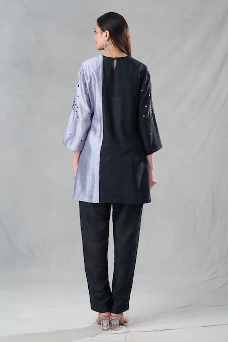 Shop Bhusattva Black Silk Metallic Thread Round Neck Geometric Embellished Kurta And Pant Set at Aza Fashions Shop_Bhusattva_Black Silk Metallic Thread Round Neck Geometric Embellished Kurta And Pant Set _at_Aza_Fashions