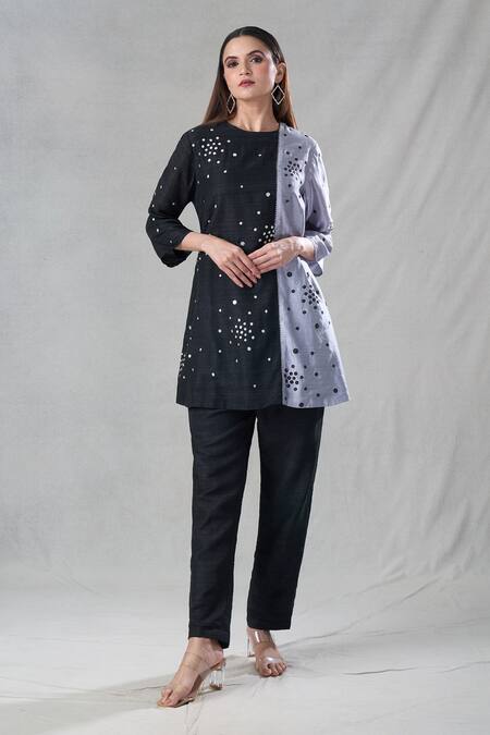 Buy Bhusattva Black Silk Metallic Thread Round Neck Geometric Embellished Kurta And Pant Set Online at Aza Fashions Buy_Bhusattva_Black Silk Metallic Thread Round Neck Geometric Embellished Kurta And Pant Set _Online_at_Aza_Fashions