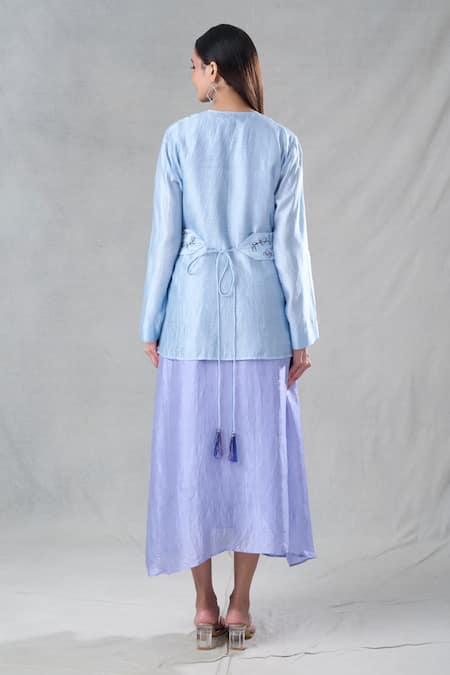 Shop Bhusattva Blue Organic Silk Embroidery Resham Dress Round Neckline With Jacket at Aza Fashions Shop_Bhusattva_Blue Organic Silk Embroidery Resham Dress Round Neckline With Jacket _at_Aza_Fashions