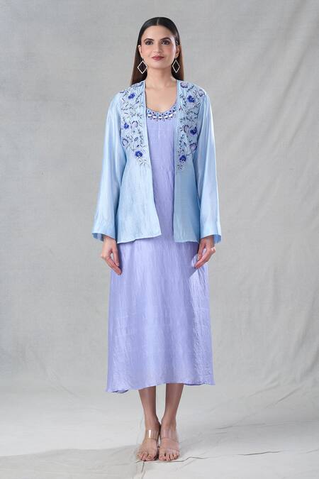 Bhusattva Blue Organic Silk Embroidery Resham Dress Round Neckline With Jacket Online at Aza Fashions Bhusattva_Blue Organic Silk Embroidery Resham Dress Round Neckline With Jacket _Online_at_Aza_Fashions