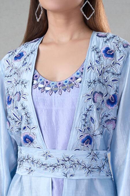 Buy Bhusattva Blue Organic Silk Embroidery Resham Dress Round Neckline With Jacket Online at Aza Fashions Buy_Bhusattva_Blue Organic Silk Embroidery Resham Dress Round Neckline With Jacket _Online_at_Aza_Fashions