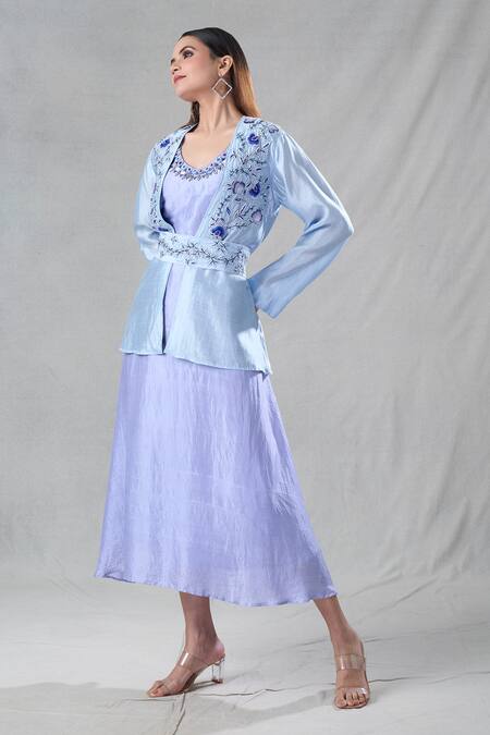 Shop Bhusattva Blue Organic Silk Embroidery Resham Dress Round Neckline With Jacket Online at Aza Fashions Shop_Bhusattva_Blue Organic Silk Embroidery Resham Dress Round Neckline With Jacket _Online_at_Aza_Fashions