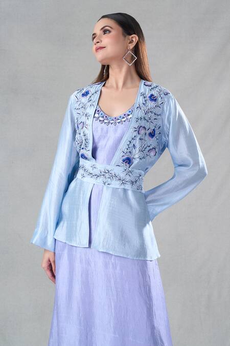 Bhusattva Blue Organic Silk Embroidery Resham Dress Round Neckline With Jacket at Aza Fashions Bhusattva_Blue Organic Silk Embroidery Resham Dress Round Neckline With Jacket _at_Aza_Fashions