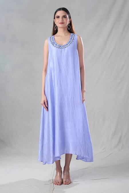 Buy Bhusattva Blue Organic Silk Embroidery Resham Dress Round Neckline With Jacket Buy_Bhusattva_Blue Organic Silk Embroidery Resham Dress Round Neckline With Jacket