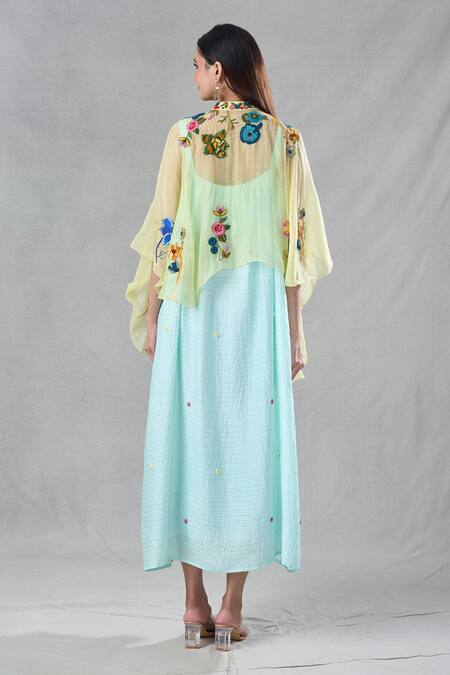 Shop_Bhusattva_Yellow Organic Silk Embroidery Resham Cape Mandarin Collar With Dress _at_Aza_Fashions