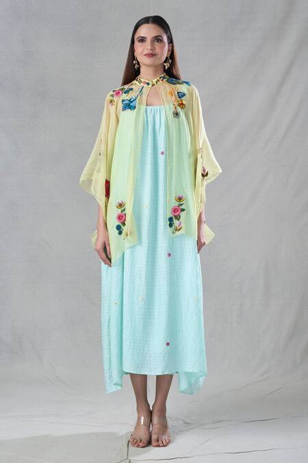 Bhusattva_Yellow Organic Silk Embroidery Resham Cape Mandarin Collar With Dress _Online_at_Aza_Fashions