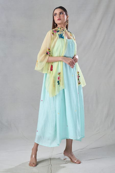 Buy_Bhusattva_Yellow Organic Silk Embroidery Resham Cape Mandarin Collar With Dress _Online_at_Aza_Fashions