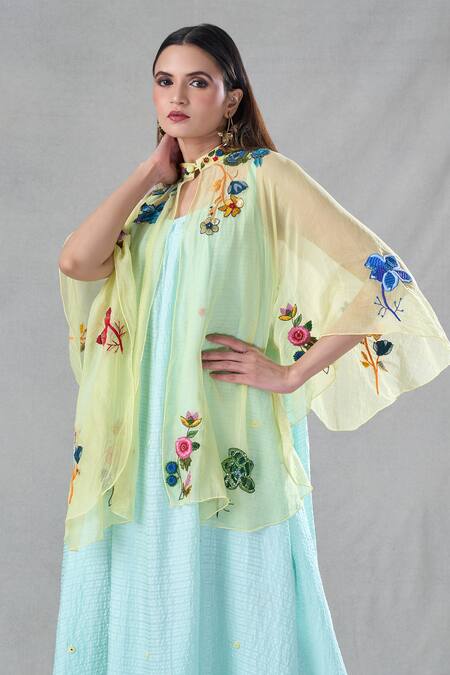 Shop_Bhusattva_Yellow Organic Silk Embroidery Resham Cape Mandarin Collar With Dress _Online_at_Aza_Fashions