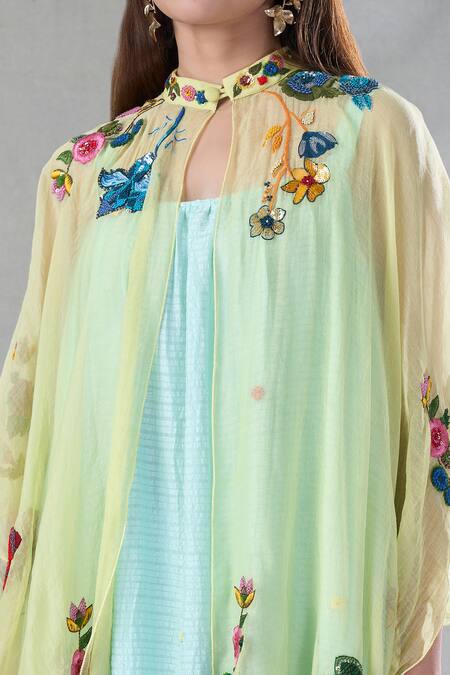 Bhusattva_Yellow Organic Silk Embroidery Resham Cape Mandarin Collar With Dress _at_Aza_Fashions