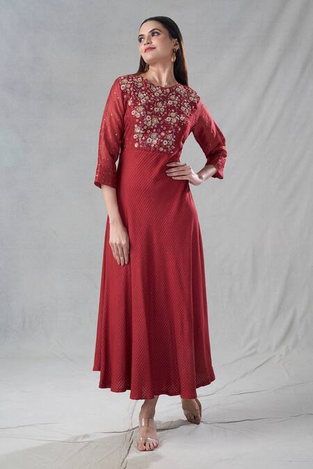 Shop_Bhusattva_Red Organic Silk Woven Stripe Round Kurta _Online_at_Aza_Fashions