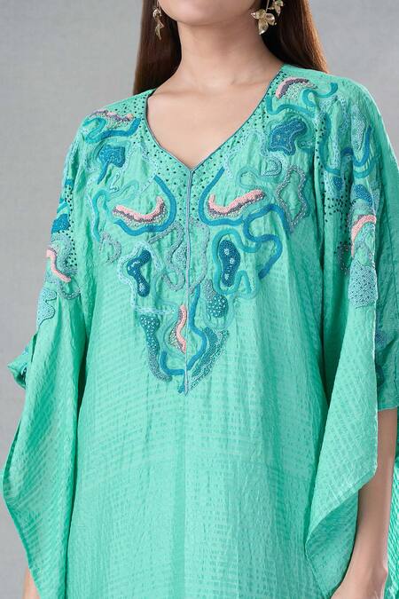 Buy_Bhusattva_Green Organic Silk Embroidery Resham V Neck Neckline Kaftan And Pant Set _Online_at_Aza_Fashions