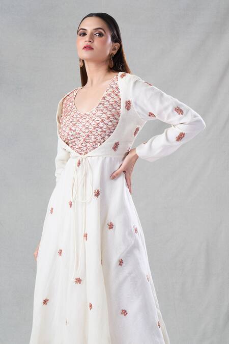 Shop_Bhusattva_Off White Organic Handspun Silk Embroidery Cutdana Scoop Sequin Placement Kurta _Online_at_Aza_Fashions