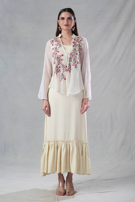 Bhusattva Off White Organic Silk Embroidery Floral Dress Round Frill With Jacket Online at Aza Fashions Bhusattva_Off White Organic Silk Embroidery Floral Dress Round Frill With Jacket _Online_at_Aza_Fashions